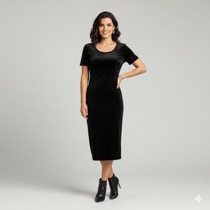 Vintage Studio Ease Velvet Dress Women 8 Petite Black Midi Stretch Short Sleeves